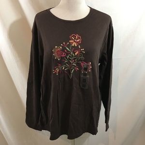 Classic Elements brown long sleeve T, embroidery - womens 16-18, NWT - armpit to